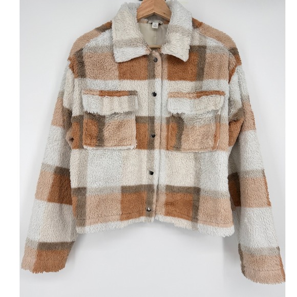 Cato Jackets & Blazers - Cato Plaid‎ Fuzzy Teddy Shacket Jacket Size S Orange Brown Cream